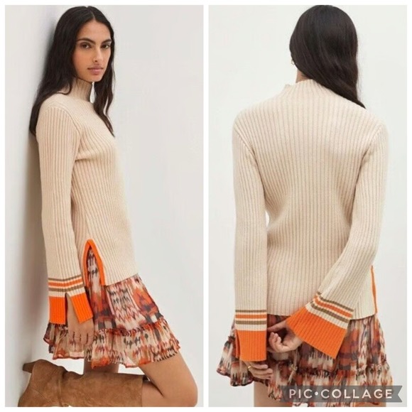 Anthropologie Mock Neck Tan Orange Sweater Womens Medium Bell Sleeve Ribbed Warm - Picture 2 of 11